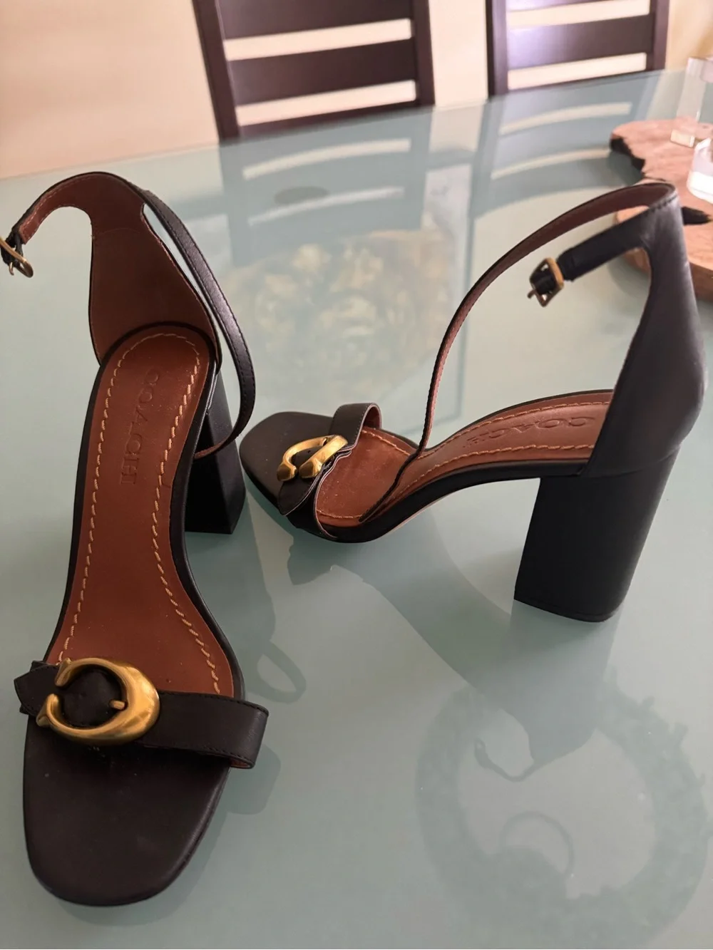 Coach Black Leather Block Heel Sandals with Gold Buckle - Picture 1 of 5